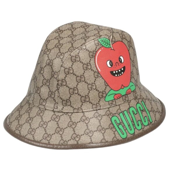 NEW Gucci Apple Supreme Logo Fedora Basket Hat Coated Canvas Beige Ebony Size S - Picture 3 of 14